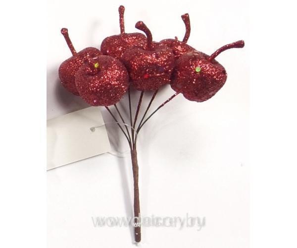 Связка яблок на проволоке с глиттером, 6 шт, 13 см, красный