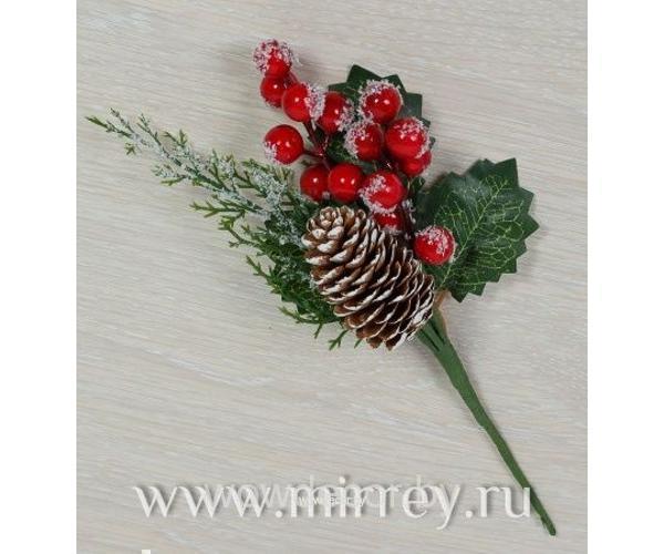 Ветка с красными ягодами и шишкой, 25 см_