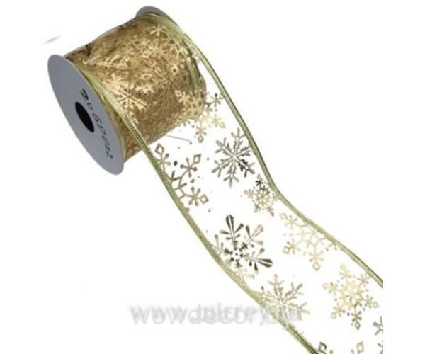 Лента декоративная 10 *10 ярд со снежинками, 1 шт., золотой