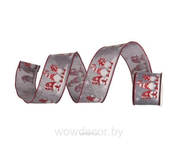 Лента новогодняя декоративная с гномиками 6,3 *10 ярд,1 шт., серый/красный