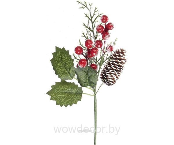 Ветка с красными ягодами и шишкой, 25 см